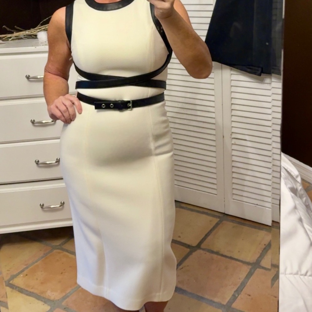 Michael Kors Collection Size 4 Leather Trim Stretch Bouclé Crepe Sheath Dress